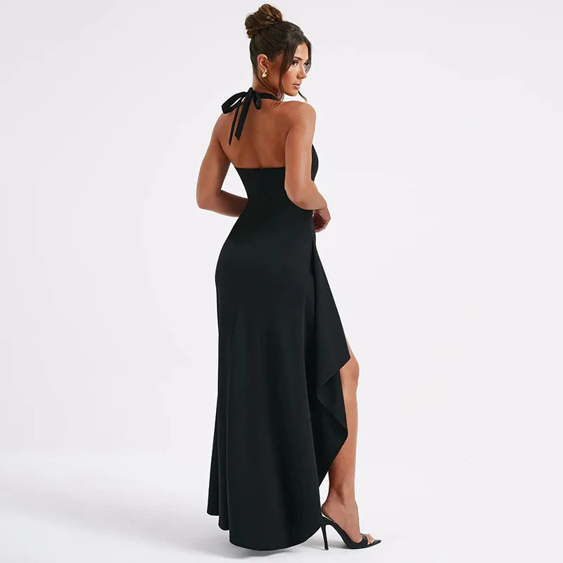 Cryptographic Halter V Neck Split Long Dress Gown Club Party Elegant Summer Outfits for Women Sexy Backless Maxi Dresses Vestido GONZALES ONLINE SHOP