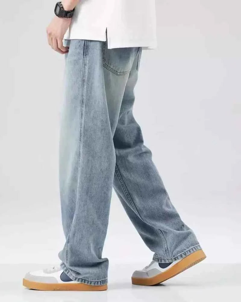 New Bent knife jeans for men American retro washed distressed wide leg pants Four Seasons loose straight leg feelin Street jeans