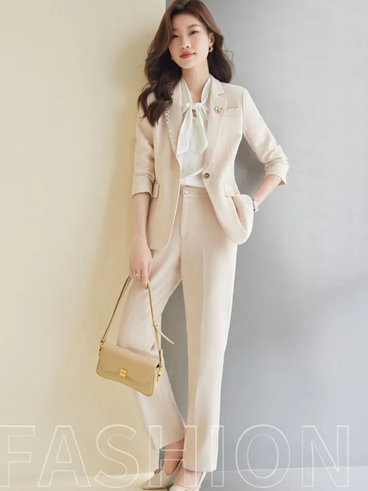 Women Office Suit 2 Pieces Sets Elegant Chic Design Ol Slim Long Sleeve Coats Tops Korean Formal High Waist Straight Pants 2024 GONZALES ONLINE SHOP