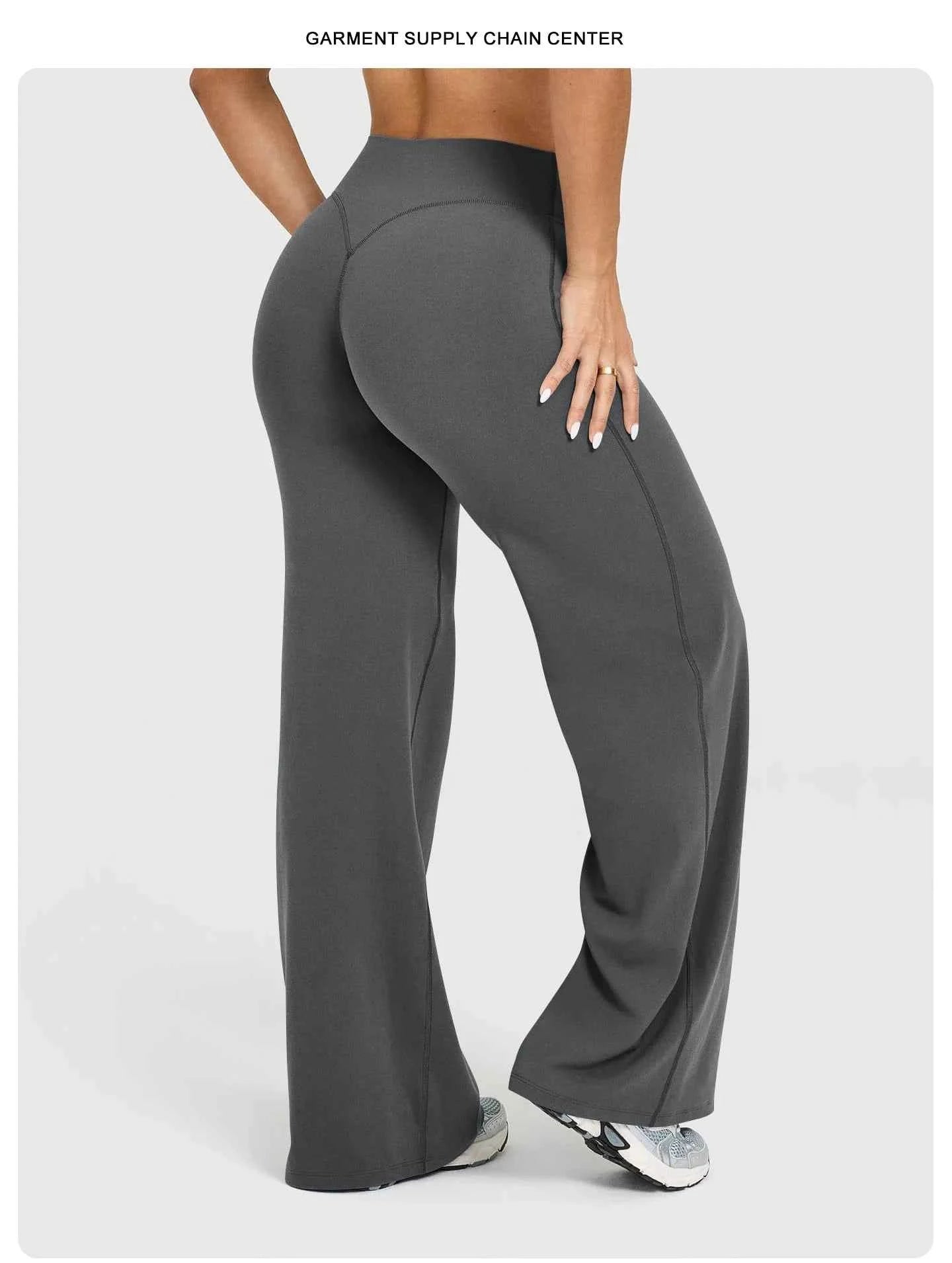 High Waisted Wide Leg Yoga Pants Women Butt Lift Coffee Brown Workout Trousers Flare Leggings Tummy Control Gym Fitness Wear