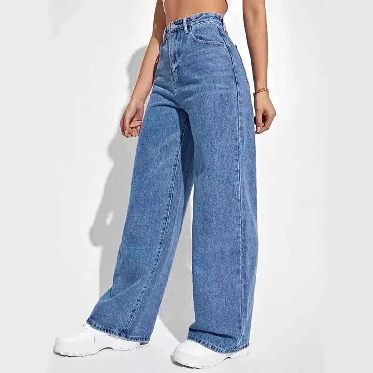 Women's New Dark Blue Wide Leg Straight Jeans Slimming All-match Spring Summer