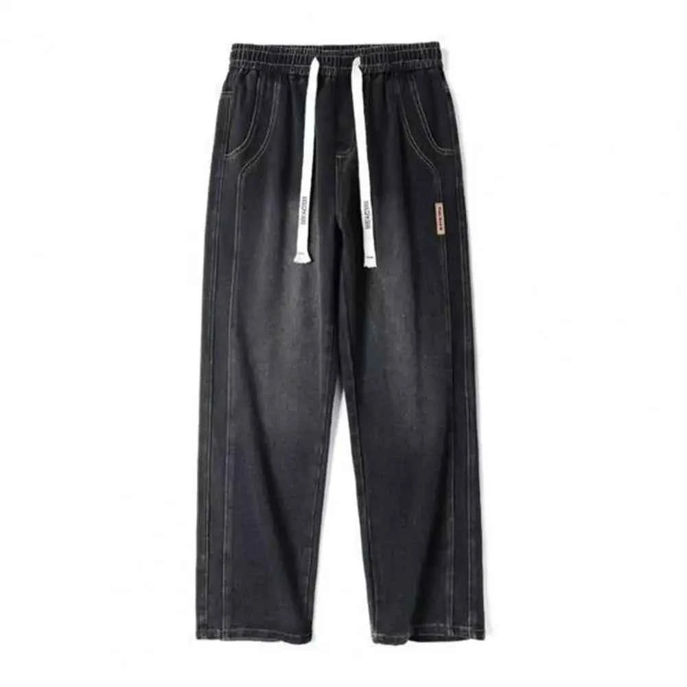 Non-deformed Men Gradient Color Jeans Versatile Men's Elastic Waist Denim Pants Adjustable Drawstring Solid Color for Casual