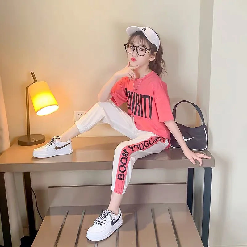 2024 Teen Girls Sport Suit letters short t-shirt + striped Pants Children Set Tracksuit Kids Leggings 5 8 12 9 14 Years Clothing GONZALES ONLINE SHOP