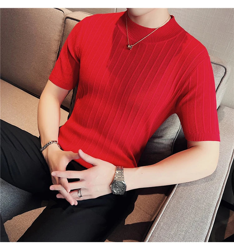 Men's High-End Casual Short Sleeve knitting Sweater/Male High collar Slim Fit Stripe Set head Knit Shirts Plus size S-4XL GONZALES ONLINE SHOP