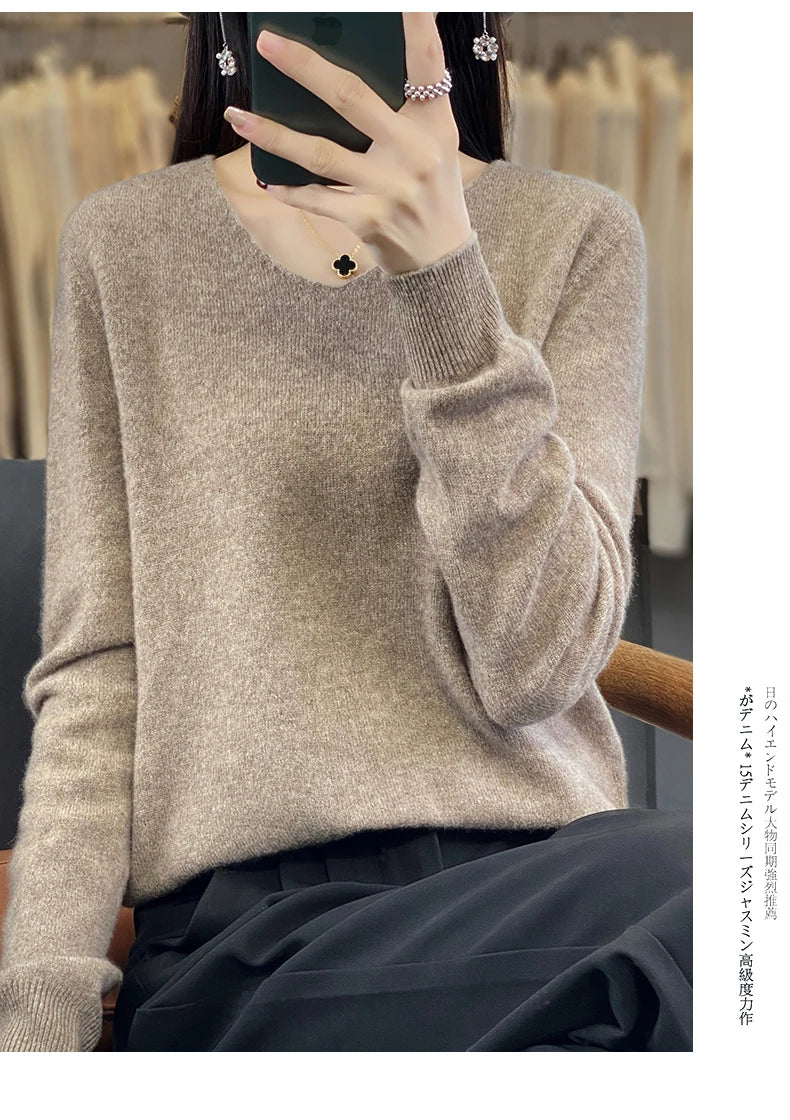 Women 100% Merino Wool Sweater V-Neck Basic Pullover Autumn Winter Cashmere Clothing Long Sleeve Soft Knitwear Tops Solid Color GONZALES ONLINE SHOP