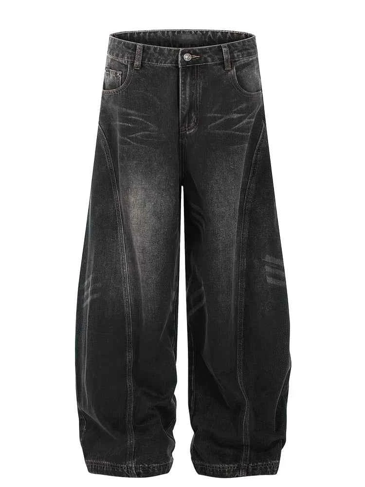 Vintage Black Washed Baggy Jeans Pants Men Wide leg Curved Blade Pants Streetwear Cowboy Casual Denim Straight Trousers