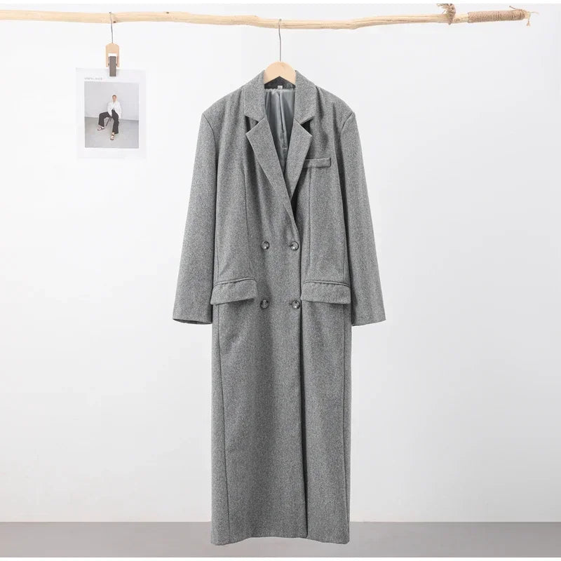 Retro Turn Down Collar Long Coat Women Autumn Solid Long Sleeve Maxi Coats Female Elegant Chic Oversize Double Breasted Outwear GONZALES ONLINE SHOP