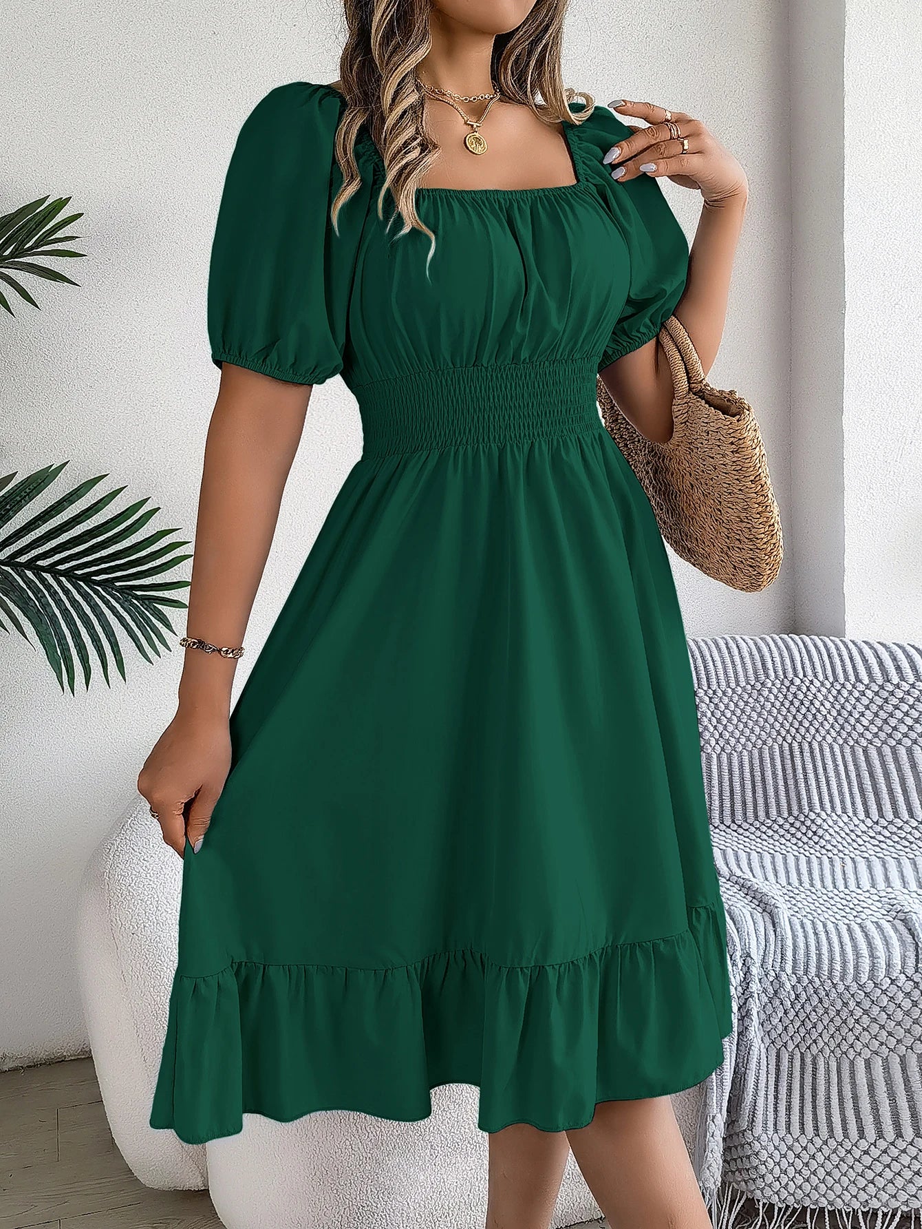 2024 New Fashion Solid Puff Sleeve Square Neck Ruched Bust Ruffle Hem Wasit Dress, Women's Clothing GONZALES ONLINE SHOP