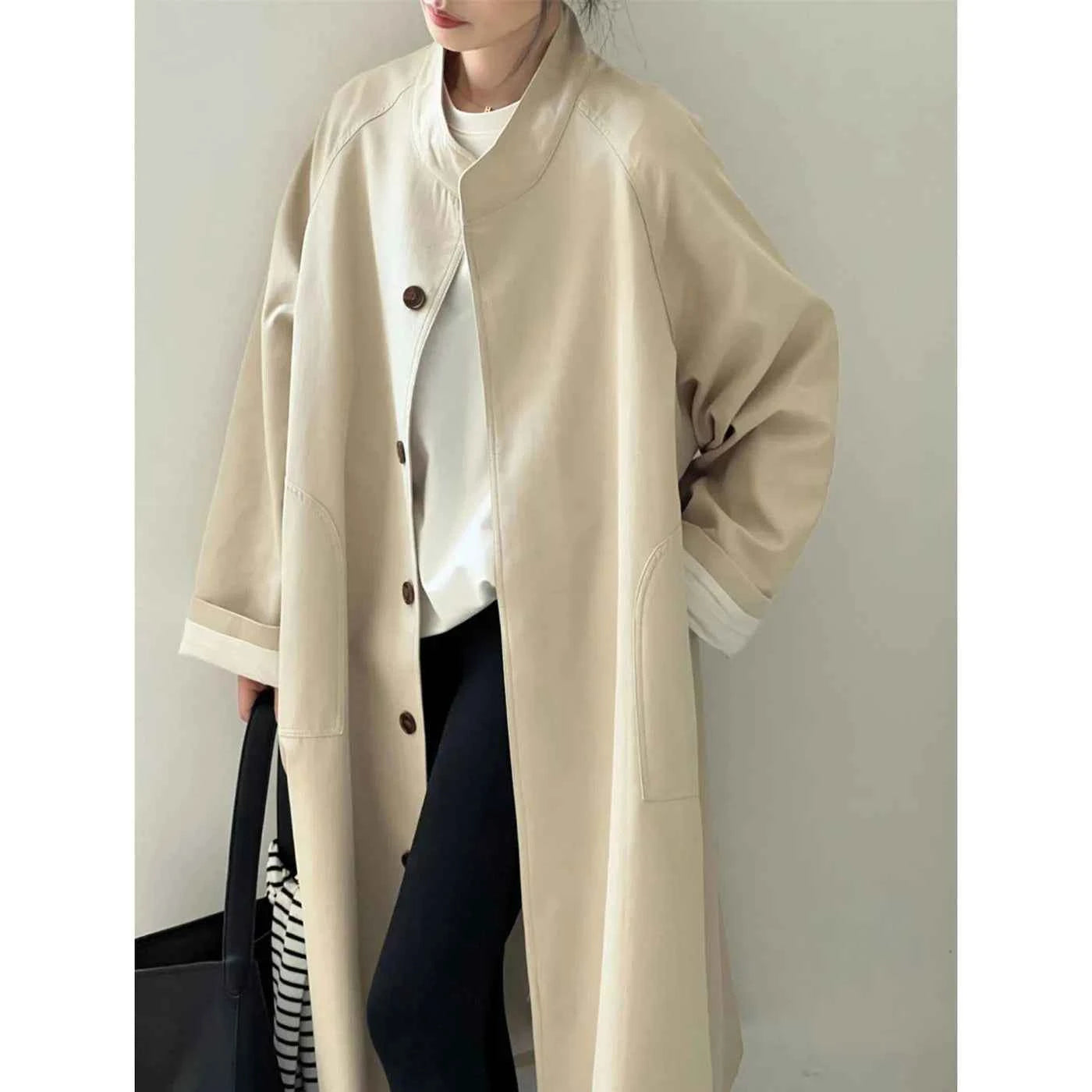 Lazy Loose Stand Up Collar Long Ttrench Coat For Women New Spring Autumn Casual British Style High-end Windbreaker Overcoat