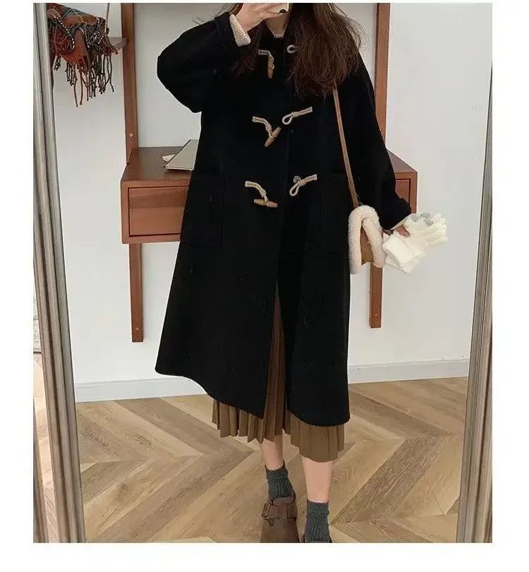 Women Chic Horn Button Long Blends Coats Solid Colors Warm Autumn Winter Coats Big Pockets Elegant Commute Outwears New Parkas GONZALES ONLINE SHOP