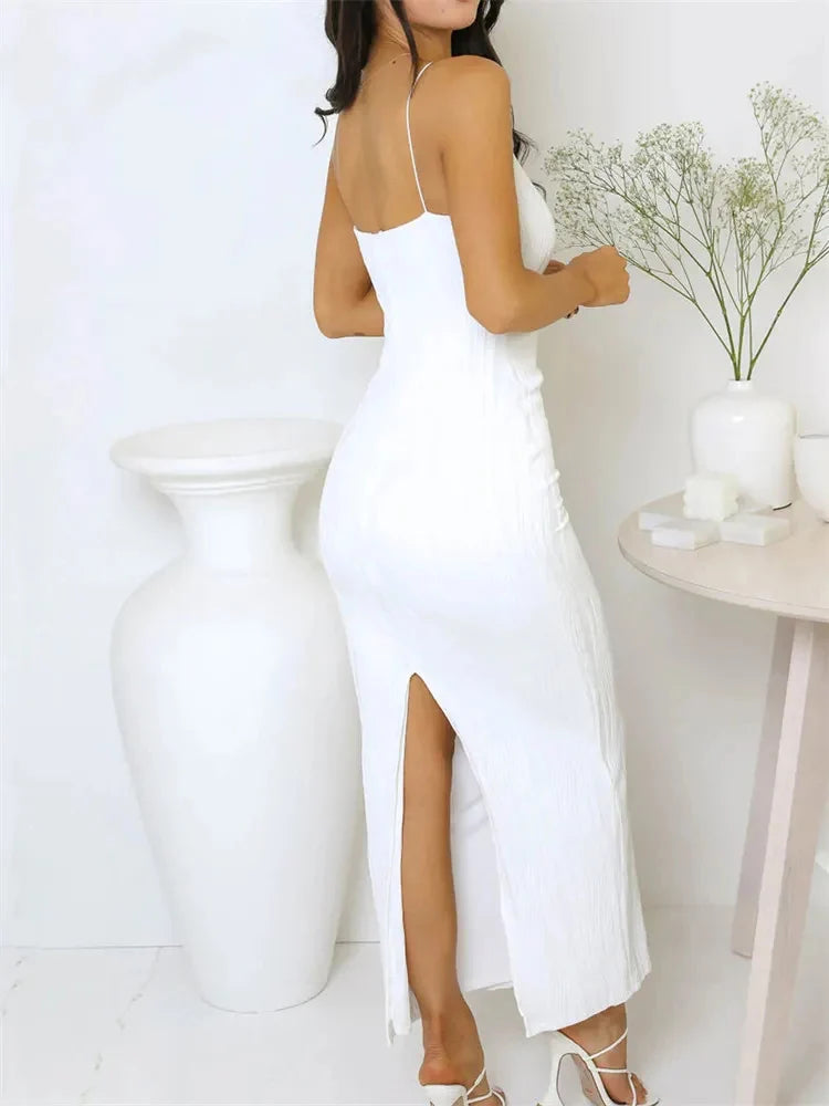 Sexy Women Long Dress Ruched Sleeveless Slim Solid Summer Party Back Split Dress Clubwear Female Vestido Outfits GONZALES ONLINE SHOP