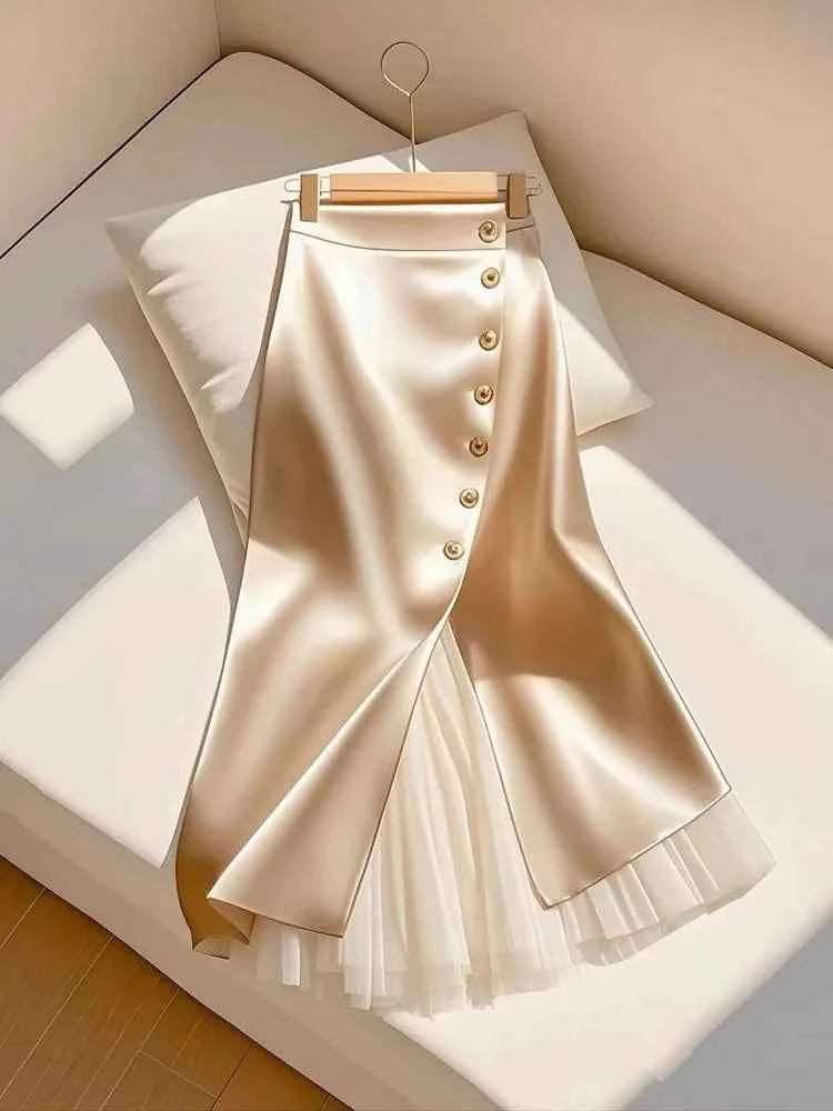 Elegant Satin Long Skirts for Women Fashion Spliced Mesh Single Breasted Slit Maxi Skirt 2025 New Commuting Lady Skirt