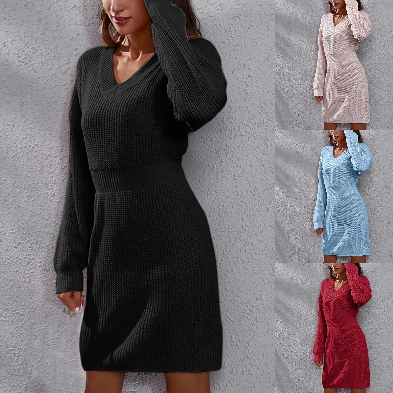 V-Neck Drop Shoulder Long-Sleeved Waisted Sweater Dress Feminine Temperament Knitted Dress Autumn and Winter New Dresses GONZALES ONLINE SHOP