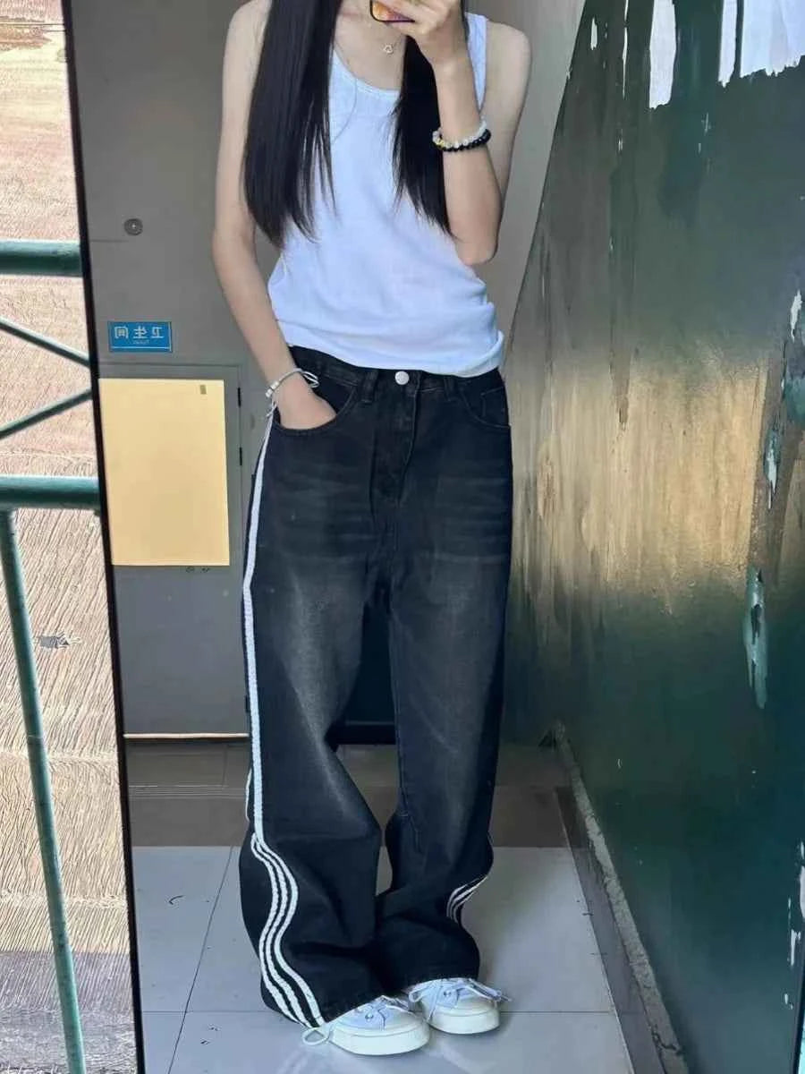 American High Street Black Three Bars Straight Leg Jeans Women's Loose Slim High Waist Wide Leg Floor-Length Pants