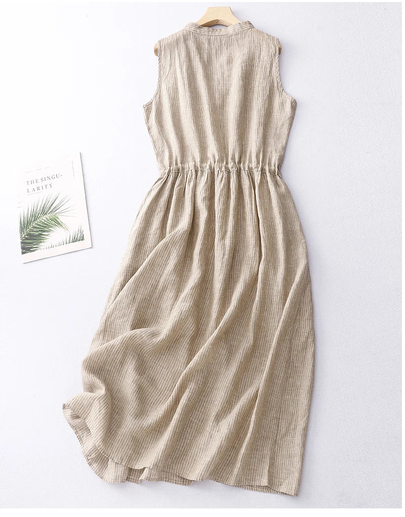 Limiguyue Cotton Linen Striped Vest Dress Summer Clothes Elastic Waist Drawstring A-Line Casual Dresses V-Neck Button Soft U397 GONZALES ONLINE SHOP