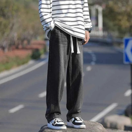 Men's summer loose straight leg pants with elastic drawstring, casual jeans, comfortable, fashionable and trendy jeans