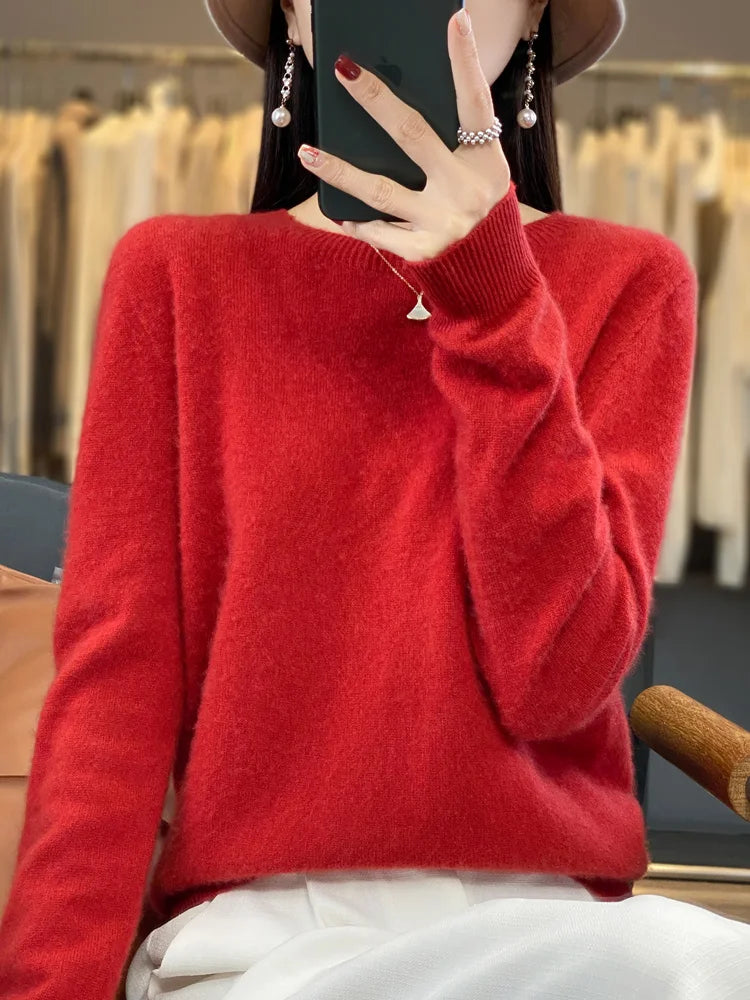 100% Merino Wool Sweater Women O-neck Cashmere Knitwear Female Pullover Autumn Winter Casual Tops Solid Color Soft  Clothing GONZALES ONLINE SHOP