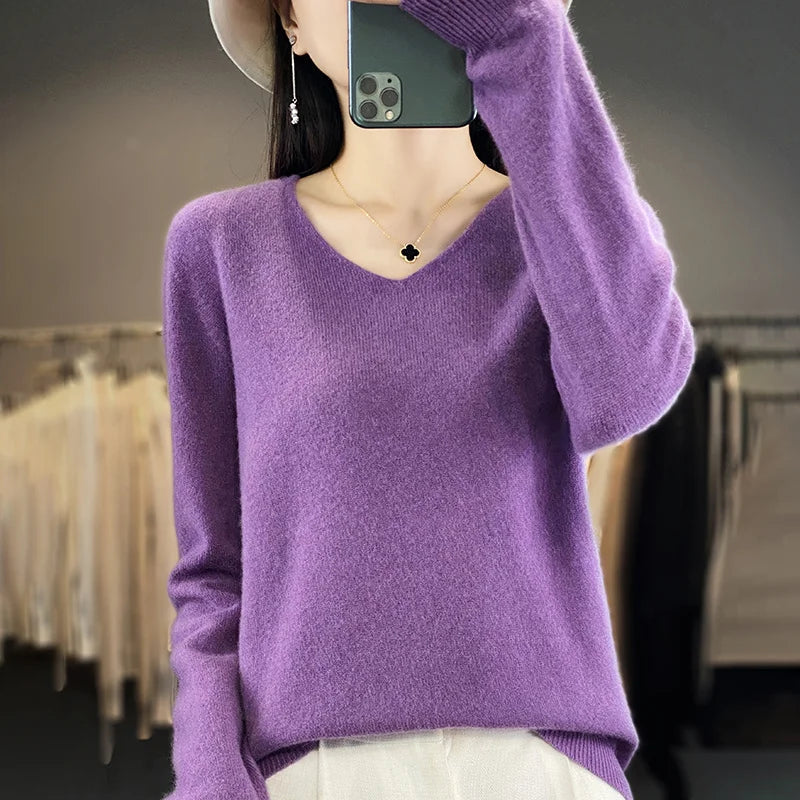 Women 100% Merino Wool Sweater V-Neck Basic Pullover Autumn Winter Cashmere Clothing Long Sleeve Soft Knitwear Tops Solid Color GONZALES ONLINE SHOP