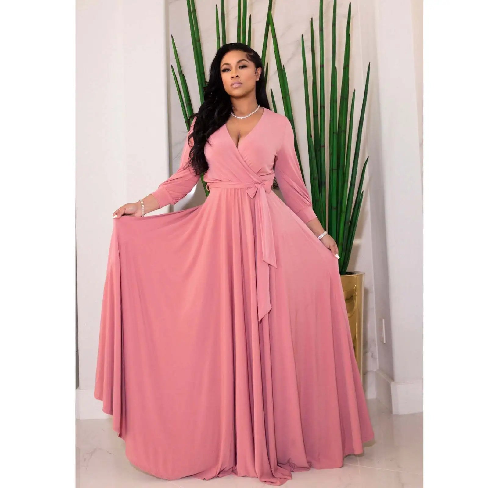 CM.YAYA Elegant Women Wraped V-neck Long Sleeve with Sashes Maxi Long Dress Chic INS Sexy Party Prom Big Swing Pink Dresses GONZALES ONLINE SHOP