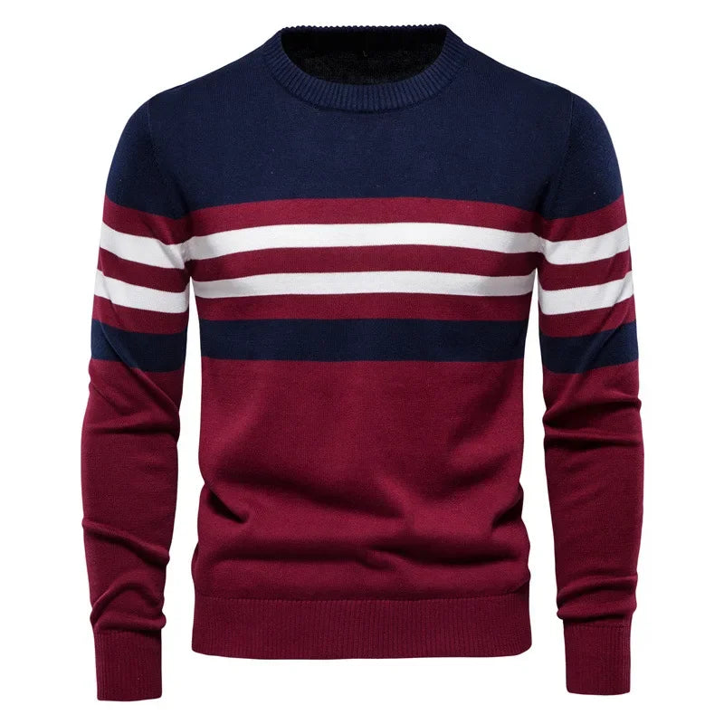 Men's Striped Cotton Sweater Pullover O Neck Knitwear Autumn Jumpers Plus Size 3XL 4XL - GONZALES ONLINE SHOP