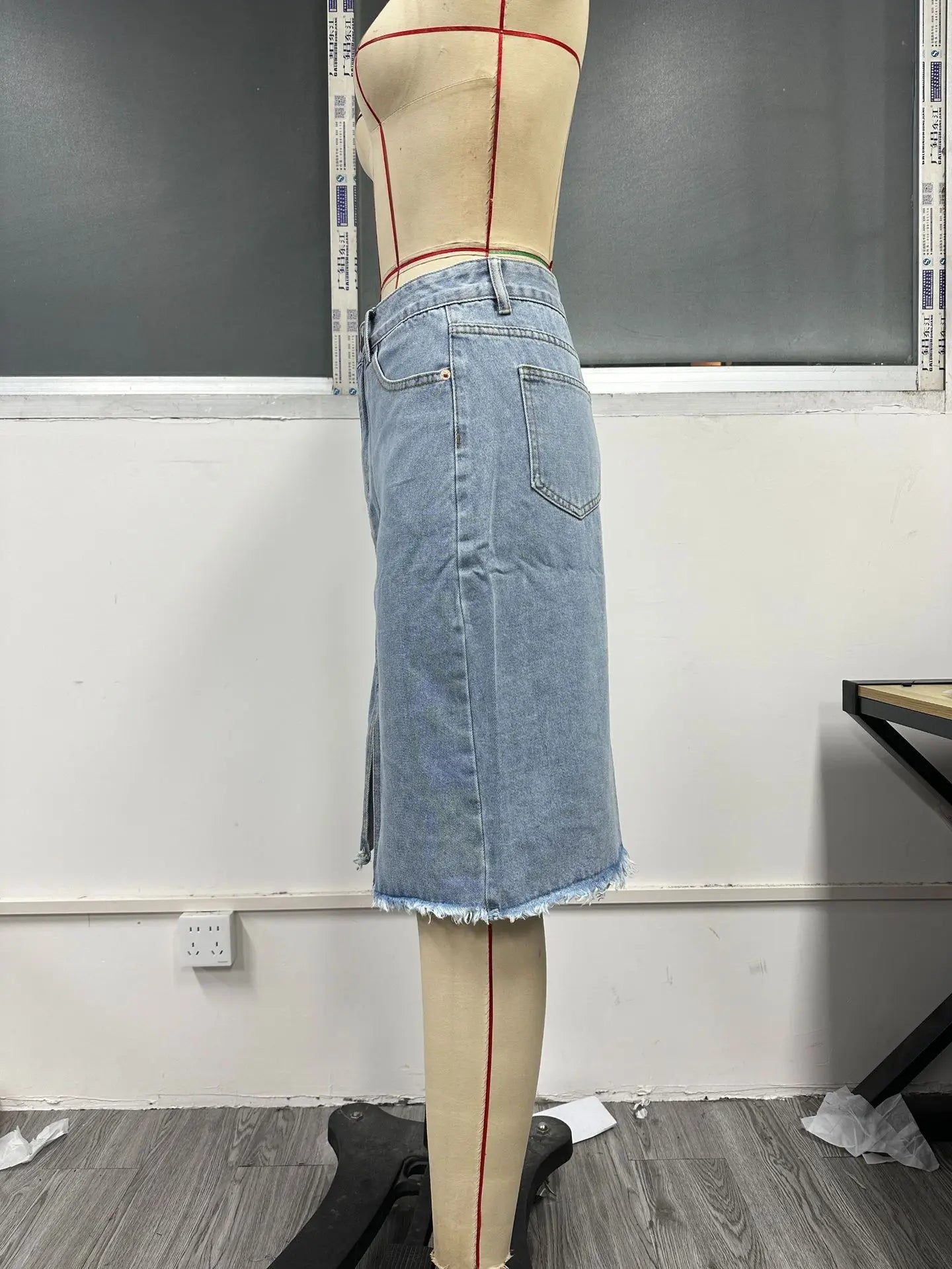 Women Slit Denim Half Skirt Hand Frayed Tassel Raw Edge Skirt Vintage Retro Korean Jean Long Office Lady Slim Fit High Waisted GONZALES ONLINE SHOP