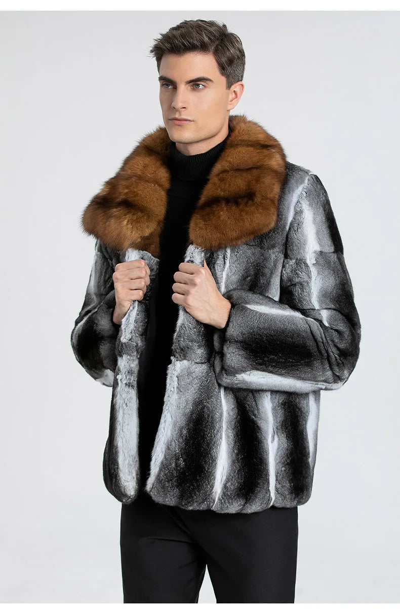 Fur Lover Winter Men's Real Chinchilla Fur Full Skin Overcoat Authentic Chinchilla Fur Long Coat With Genuine Sable Fur Collar GONZALES ONLINE SHOP