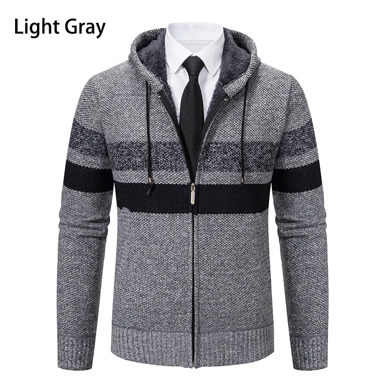 2023 New Autumn and Winter Striped Hooded Sweater Men's Coat with Velvet Padded Warm Knit Cardigan GONZALES ONLINE SHOP