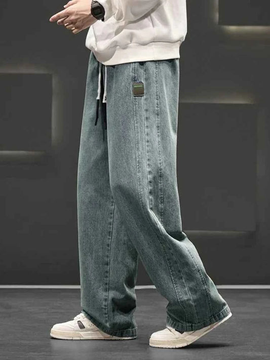 Spring New Wide Jeans Men Straight Vintage Drawstring Trousers Loose Pants Casual Solid Color Fashion Pants Big Size