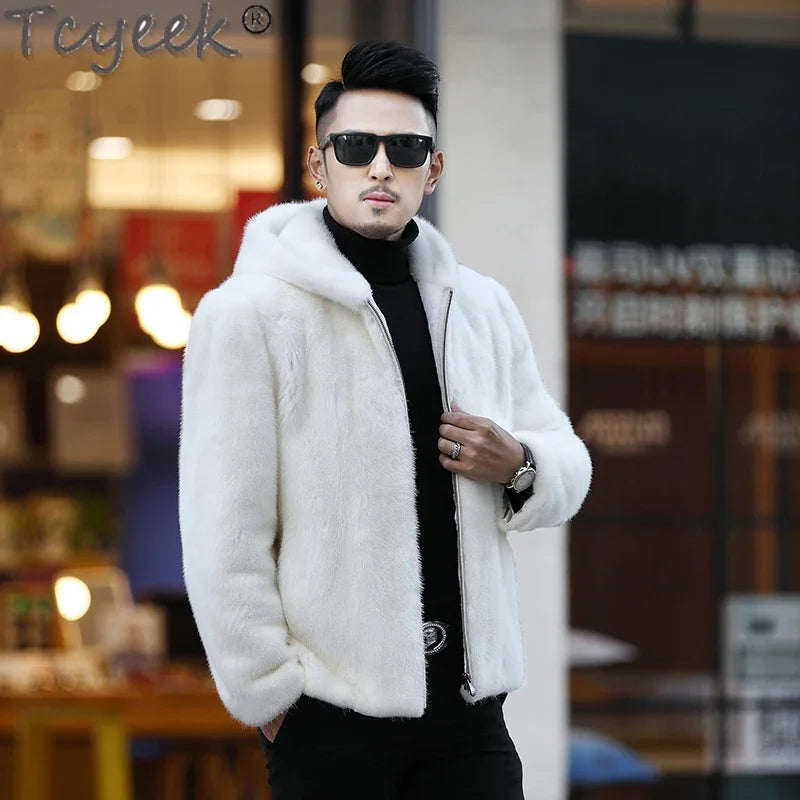 Tcyeek Natural Mink Fur Coat Men's High-end Real Fur Coat Men 2023 Winter New White Whole Mink Fur Hooded Coats Fashion Zipper GONZALES ONLINE SHOP