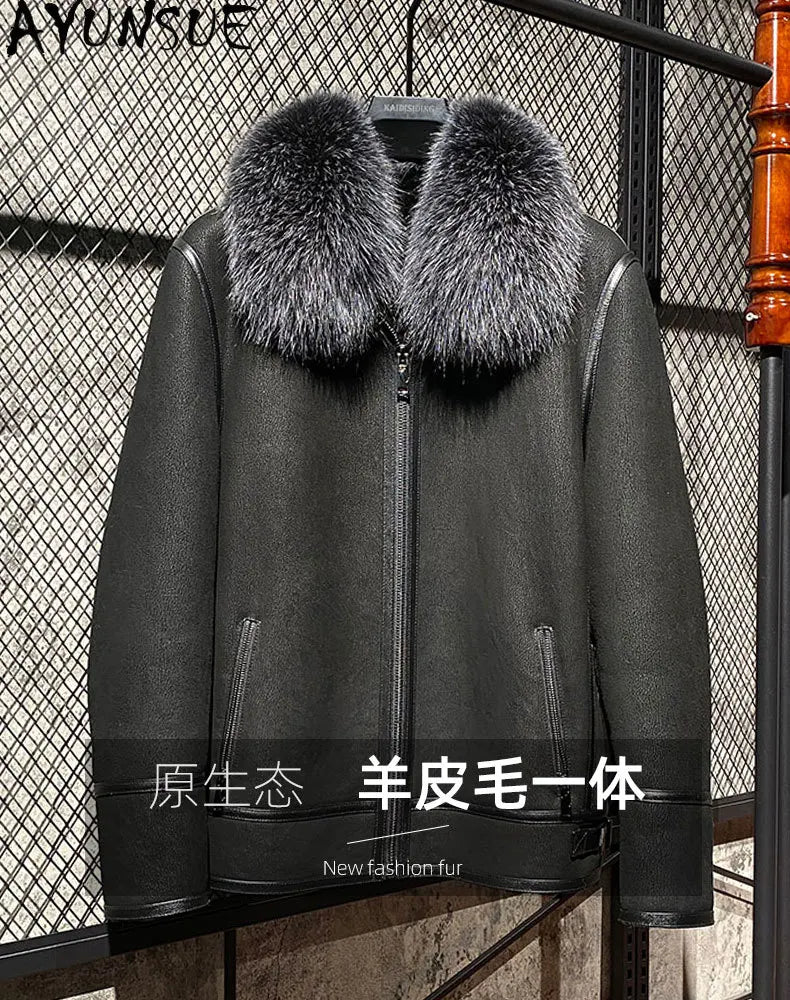 AYUNSUE Mens Natural Fur Jacket Sheepskin Genuine Leather Jacket Men Warm Real Fur Coat Winter Clothes Sliver Fox Fur Collar GONZALES ONLINE SHOP