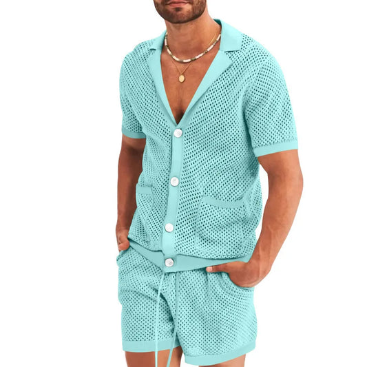 Summer New Men Shorts Mesh Hollow Out Knitted Casual Sports Lapel T-Shirt Short Sleeve Solid Beach Suit Men's 2 Pieces Set Suits GONZALES ONLINE SHOP