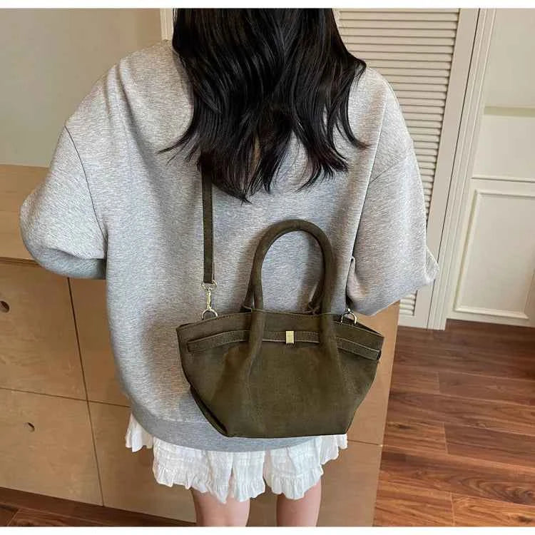 Matte Leather Suede Tote Handbags for Women Large Capacity Retro Shoulder Bag Fall Winter Belt Design Female Crossbody Bags