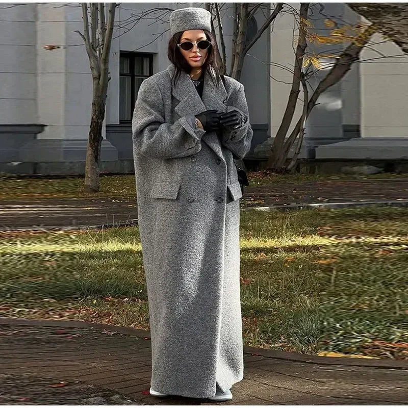 Retro Turn Down Collar Long Coat Women Autumn Solid Long Sleeve Maxi Coats Female Elegant Chic Oversize Double Breasted Outwear GONZALES ONLINE SHOP