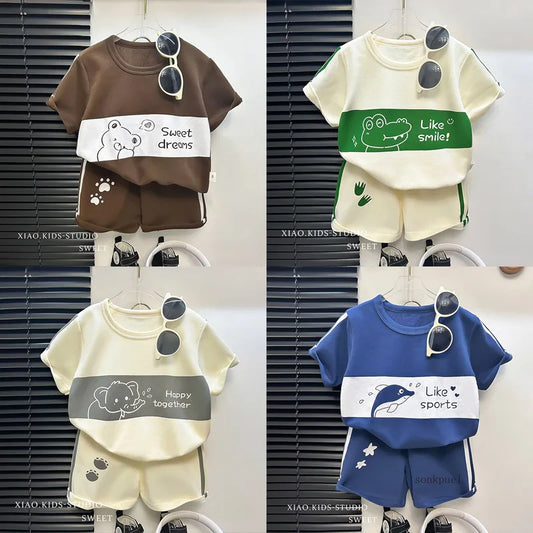 2024 New Kids Short Sleeve Suit Striped Girls Boys Set Summer Tops +short Baby Clothes Children's Wear GONZALES ONLINE SHOP