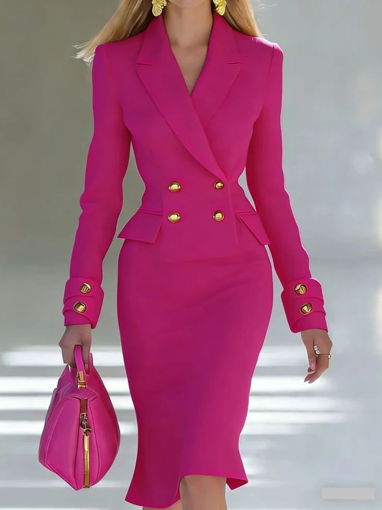 Elegant V-neck Double breasted Blazer Dress Fashion Commute Hight Waist Solid Party Dress Lady Casual Long Sleeve Wrap Hip Dress GONZALES ONLINE SHOP