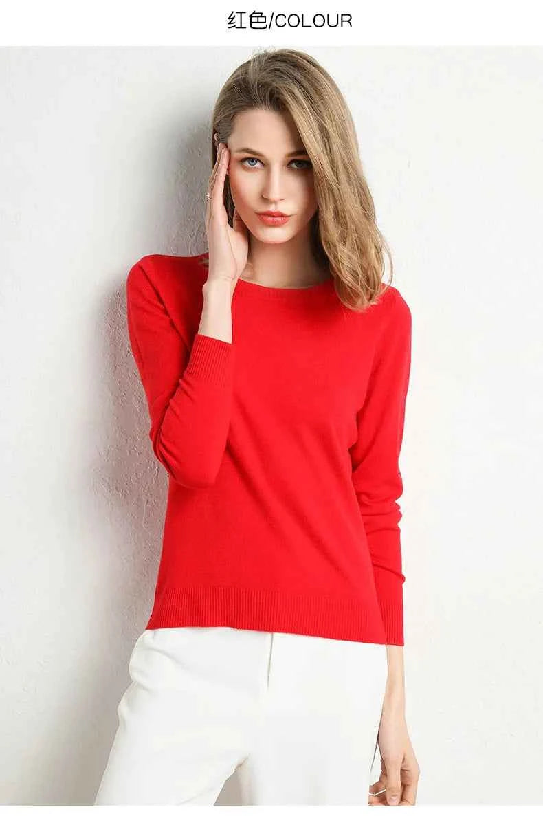 Women Slim O-Neck Solid Pullover Cashmere Wool Blending Sweater Autumn And Winter Long-Sleeved Knit Bottoming Shirt Large Size