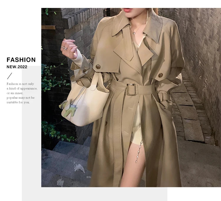 Autumn Winter Khaki Long Trench Coat for Women 2024 Jacket Elegant Outerwear Turn-down Collar Tie Belt Korean Chic Windbreaker GONZALES ONLINE SHOP