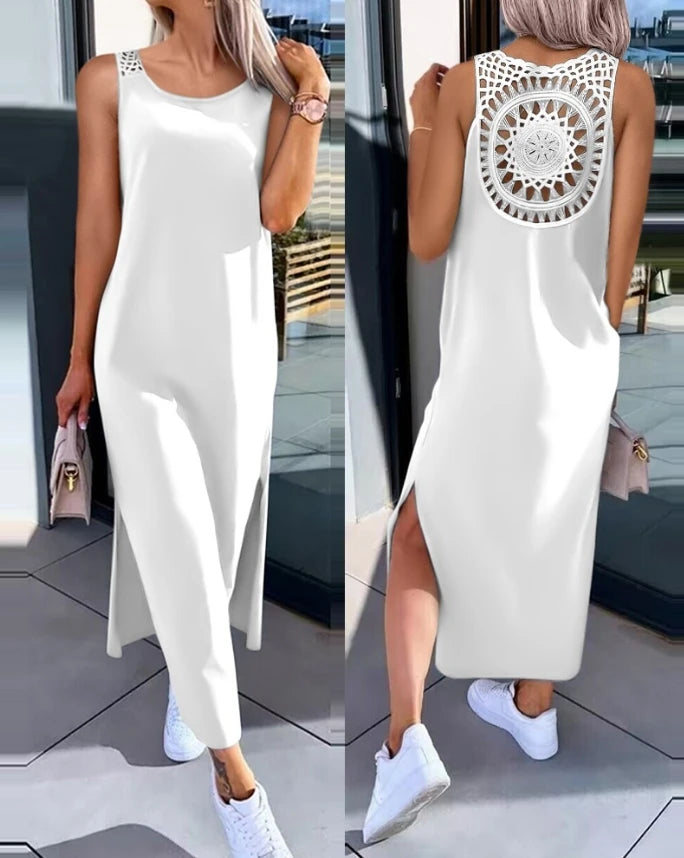 Women's Commuter Dress 2024 Spring/summer Latest Solid Color Round Neck Sleeveless Slit Hollow Out Casual Daily Dress Long Skirt GONZALES ONLINE SHOP