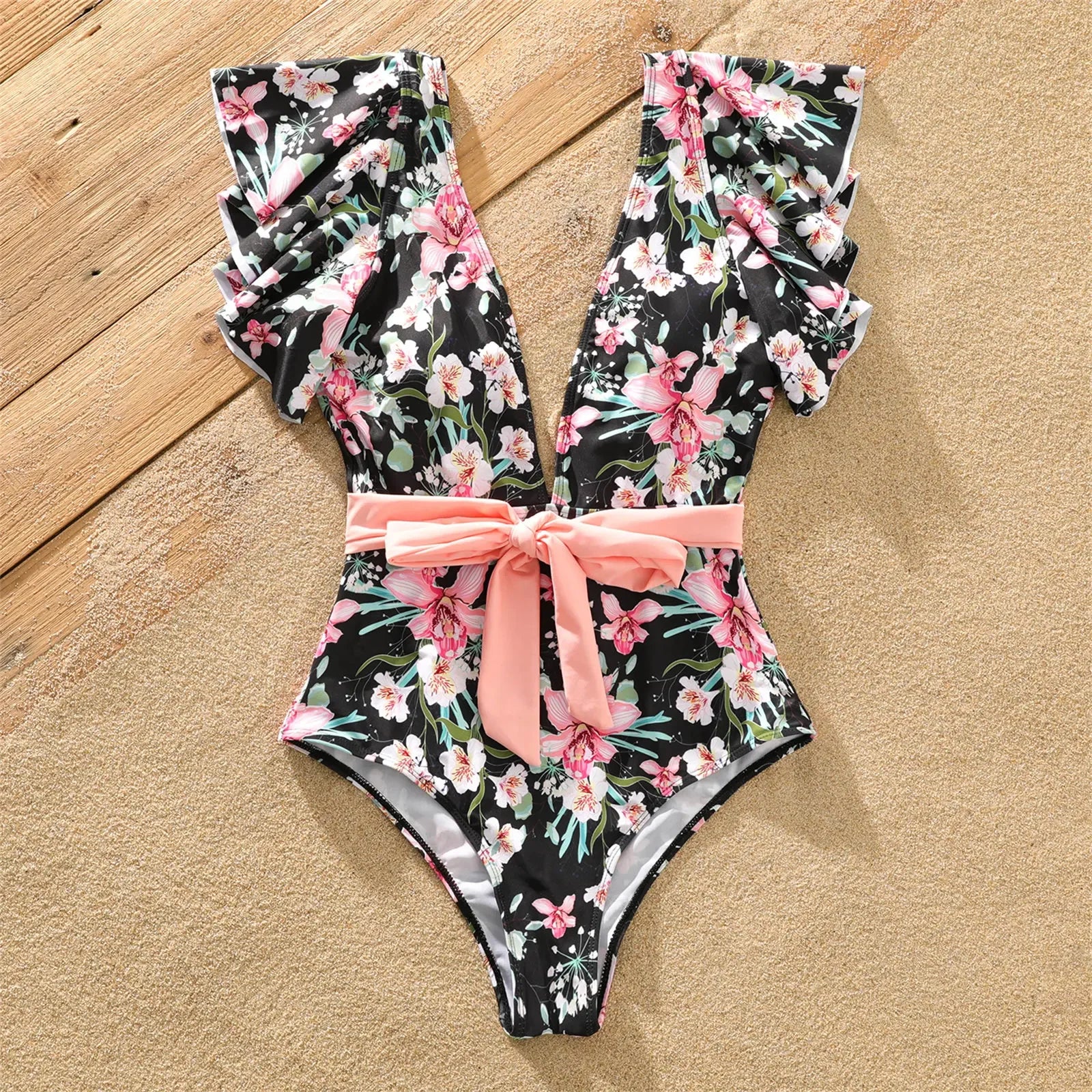 PatPat Family Matching Allover Floral Print Swim Trunks Shorts and Ruffle-sleeve Belted One-Piece Swimsuit Suitable for Summer GONZALES ONLINE SHOP