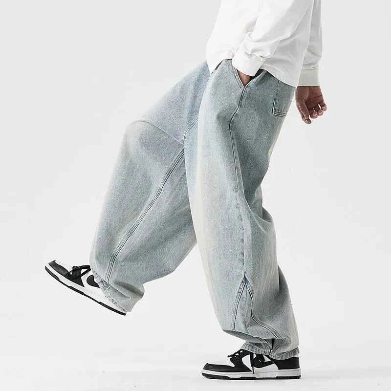 Denim Wide Leg Pants Mens Fashion Casual Pants Loose Hip Hop Lantern Pants Streetwear Jeans Male Elastic Waist Trousers Oversize