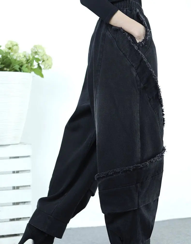 Black Wide-leg Jeans Harlan Pants Loose Fashion Casual Full Length High Waist Patchwork Print Pocket Jeans Women Clothes Spring GONZALES ONLINE SHOP