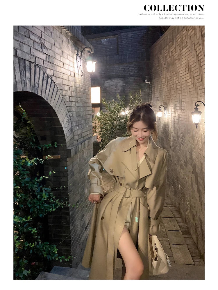 Autumn Winter Khaki Long Trench Coat for Women 2024 Jacket Elegant Outerwear Turn-down Collar Tie Belt Korean Chic Windbreaker GONZALES ONLINE SHOP