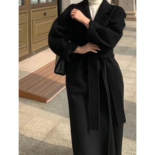 Women Elegant Long Woolen Coat with Belt Autumn Winter New Fashion Solid Lapel Long Sleeve Chic Outerwear Ladies Casual Overcoat GONZALES ONLINE SHOP