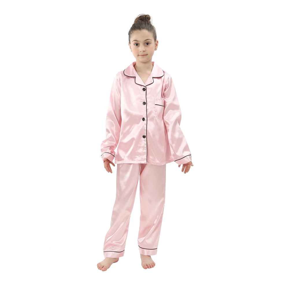 Children Silk Satin Pyjamas Set Baby Sleepwear Pijama Solid color Pajamas Suit Boys Girls Nightwear Autumn Kids Loungewear Pjs GONZALES ONLINE SHOP