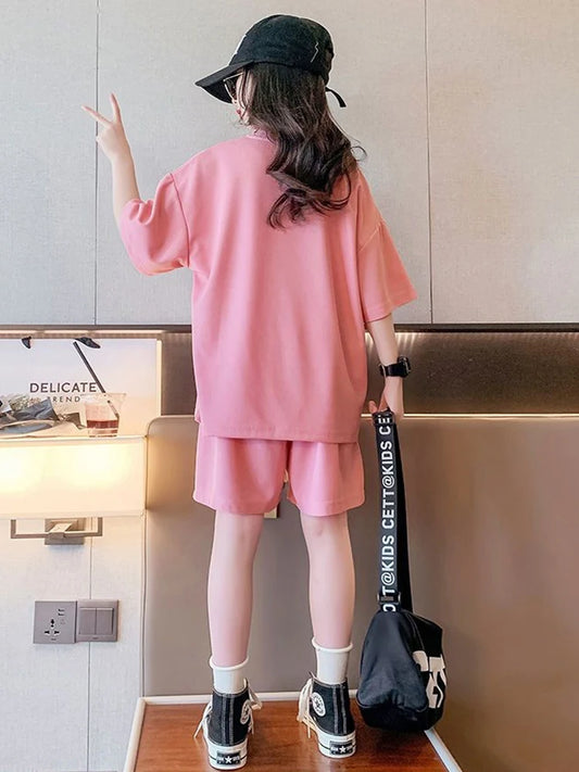 T-shirt+Shorts 2-piece Clothes Sets Kids Girls Fashion Korean Style Cartoon Bear Summer Sports Casual Outfit Suit 1-12 Year Old GONZALES ONLINE SHOP