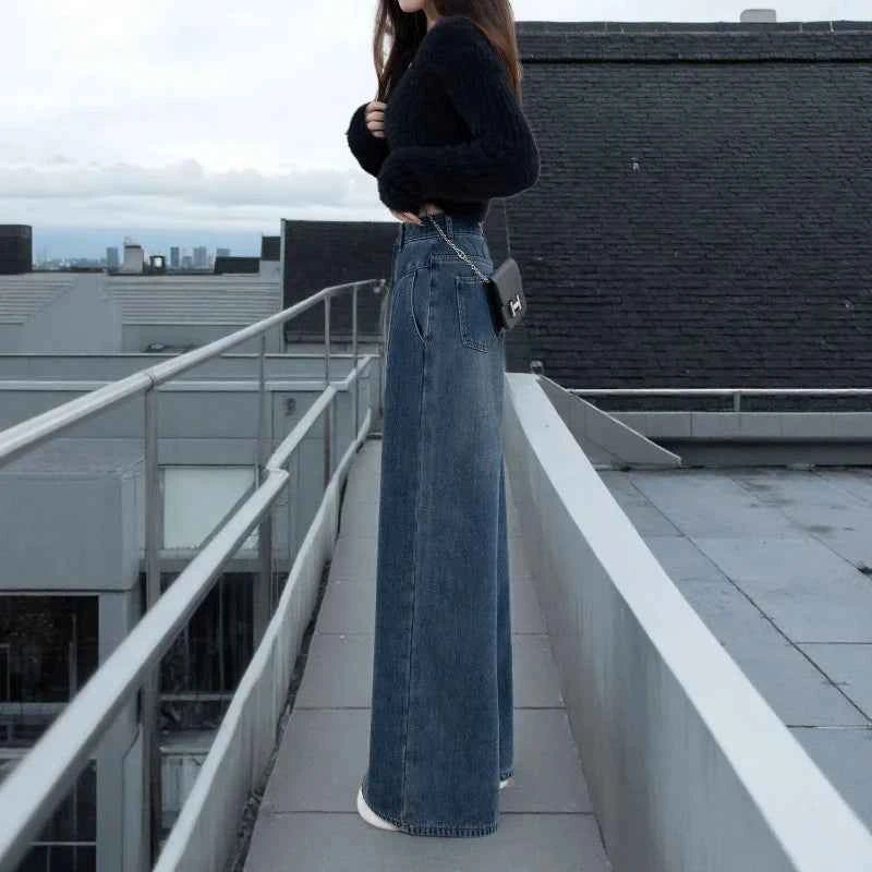 Retro Wide-leg Jeans in Spring Summer and Autumn New High-waist Loose Slim Casual and Versatile Floor Straight Trousers