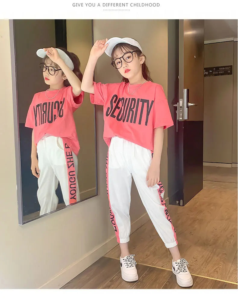 2024 Teen Girls Sport Suit letters short t-shirt + striped Pants Children Set Tracksuit Kids Leggings 5 8 12 9 14 Years Clothing GONZALES ONLINE SHOP