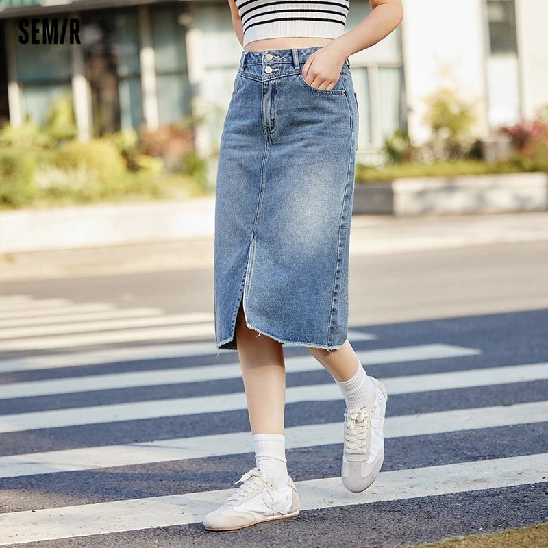 Semir Denim Skirt Women High-waisted Slit 2024 New Spring Straight Skirt GONZALES ONLINE SHOP