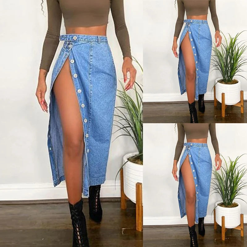 Casual Mid-Length Denim Skirt High Waist A-Line Skirt with Slit for Women Commute Pure Color Long Skirt with Button Detail GONZALES ONLINE SHOP