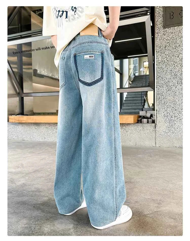 High Quality Kids Straight Fit Drawstring Jeans for Boy Girl Brief High Waist Denim Pants Unisex Child Casual Jeans Trousers